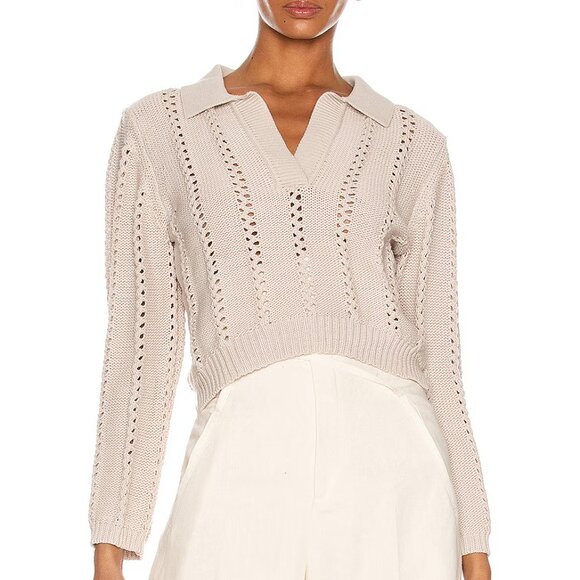 Jonathan Simkhai Berenice Polo Sweater Open Knit  V-neck Tan Size L - Picture 1 of 14